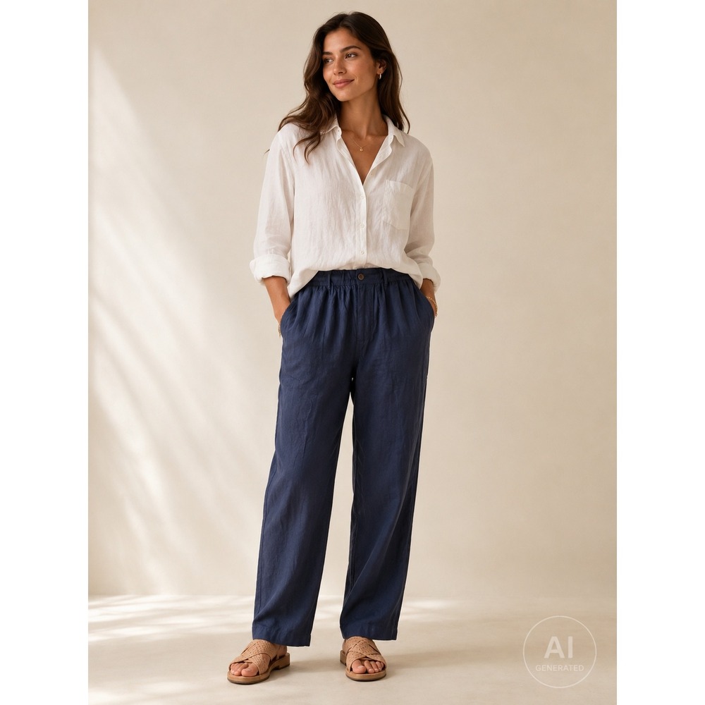 Quince 100% European Linen Pants Deep Navy Blue Straight Leg Womens Medium NEW